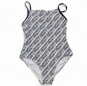 NWOT DKNY Women's Logo Print One Piece Swimsuit White Black Adjustable Size XL.